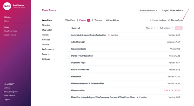 realtime wordpress data refresh of core, plugins and themes information