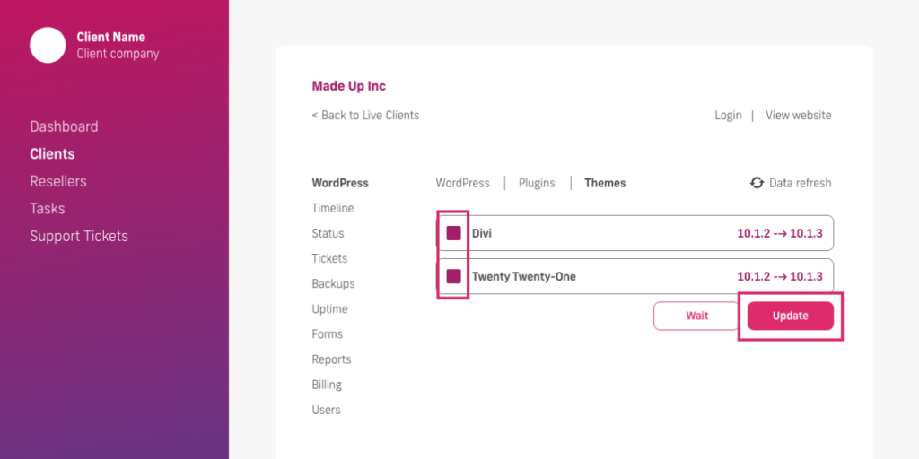 glow manage multiple wordpress sites, select multiple themes update function