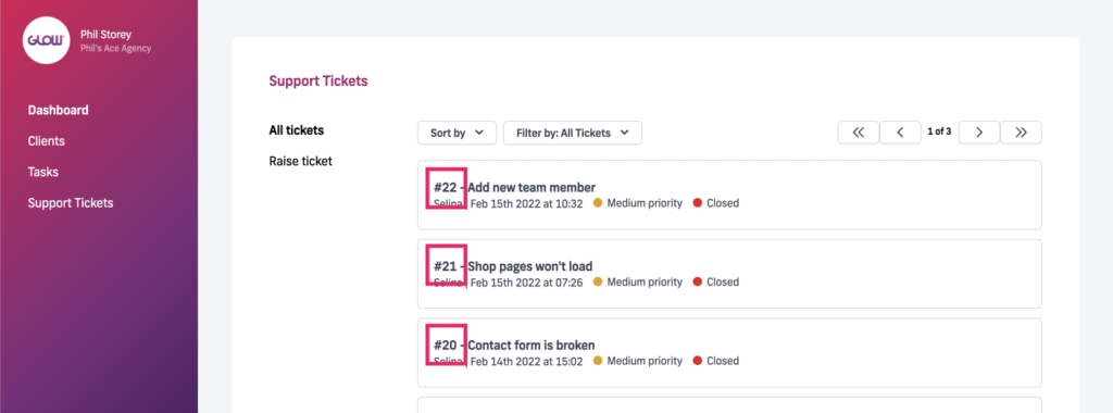 manage multiple wordpress sites with glow - finding ticket ids on the all tickets screen