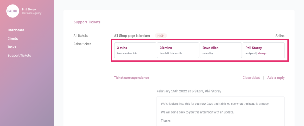 manage multiple wordpress sites with glow - helpful ticket and client information