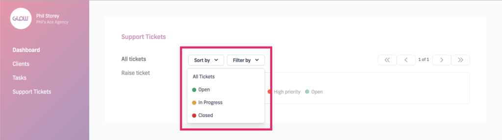 manage multiple wordpress sites with glow - ticket status options