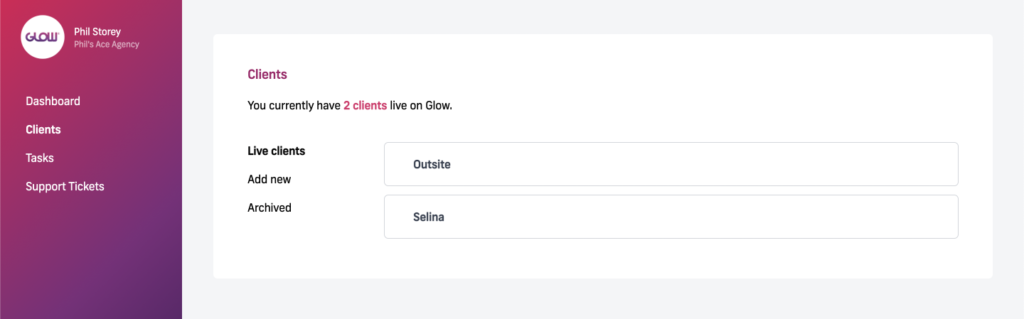 manage multiple wordpress sites with glow, viewing open support tickets for a client