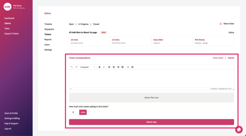 manage multiple wordpress sites with glow, replying to a support ticket for a client - part 2
