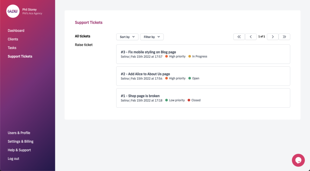 manage multiple wordpress sites with glow - viewing all support tickets