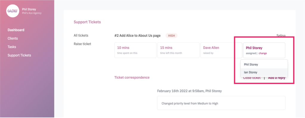 manage multiple wordpress sites with glow, choose a different teammate to assign a ticket to