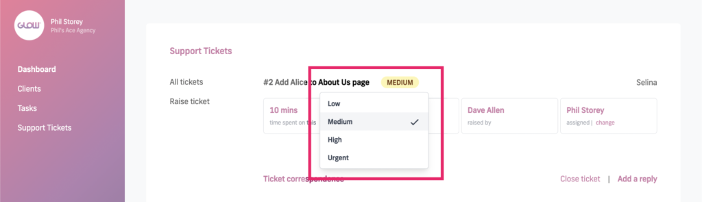 manage multiple wordpress sites with glow - change priority level of support tickets, begin by clicking priority level