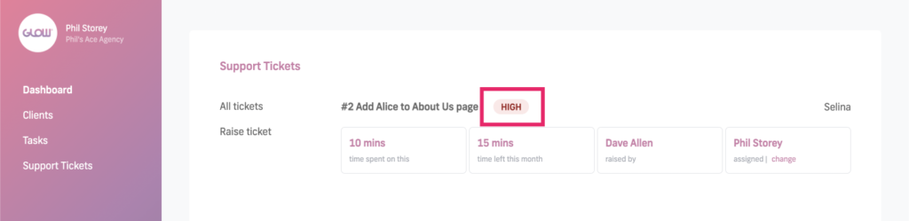 manage multiple wordpress sites with glow - change priority level of support tickets, know how the level has changed