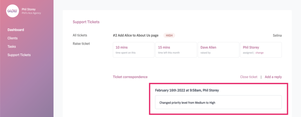 manage multiple wordpress sites with glow - change priority level of support tickets, correspondence confirming change