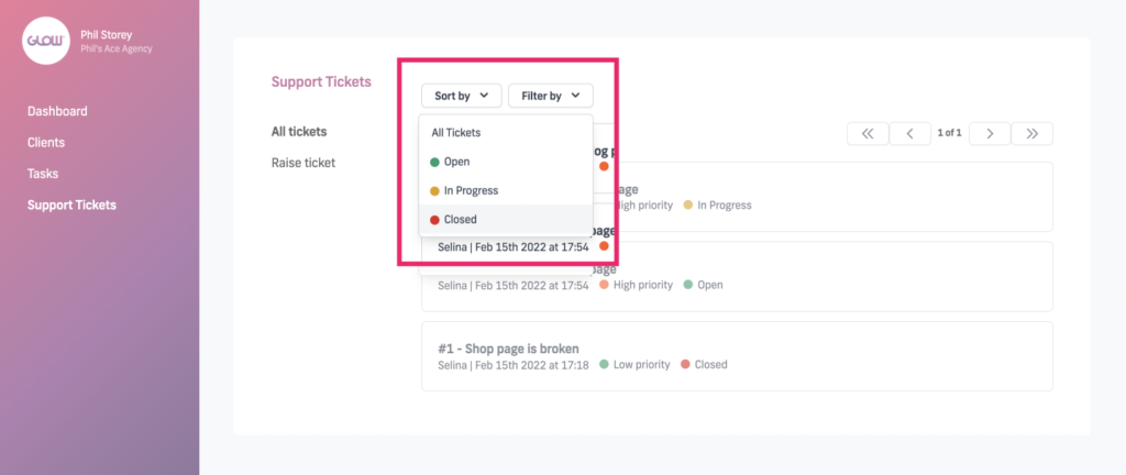 manage multiple wordpress sites with glow - filter by closed support tickets