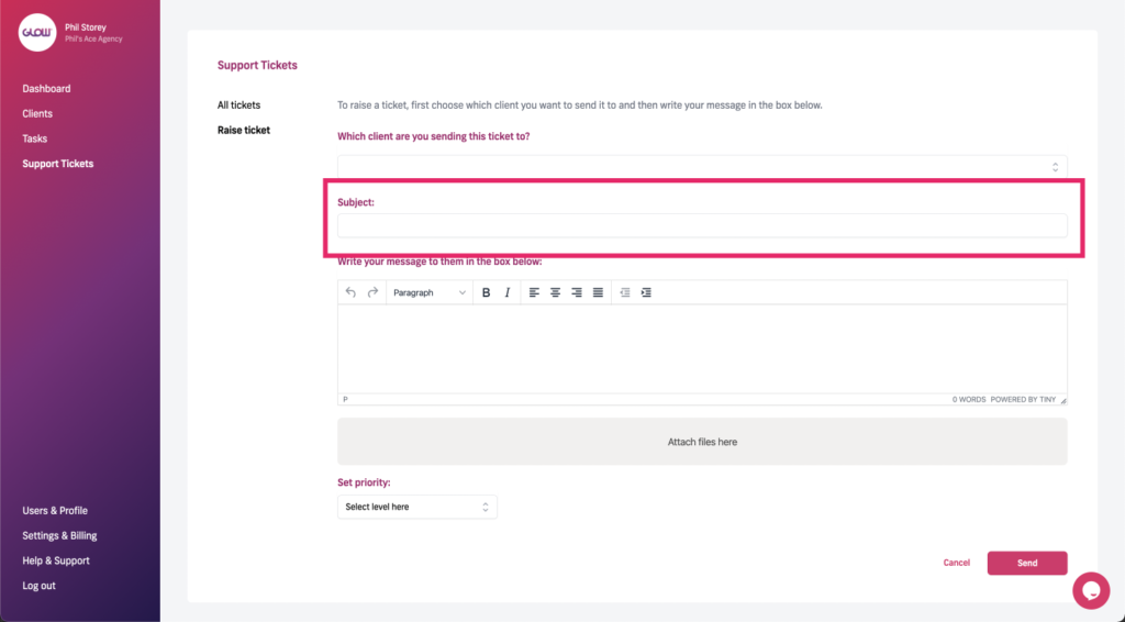 manage multiple wordpress sites with glow - raising a ticket to a client part 4