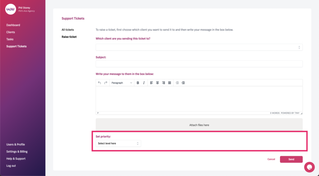 manage multiple wordpress sites with glow - raising a ticket to a client part 6