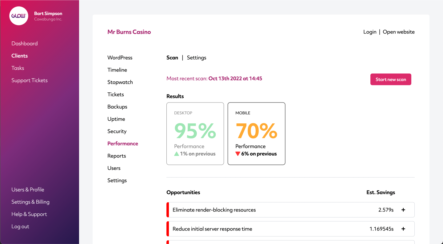 Performance Scan View performance scan results - Glow