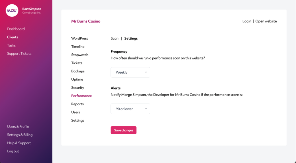 performance scans for wordpress websites by glow - viewing performance settings