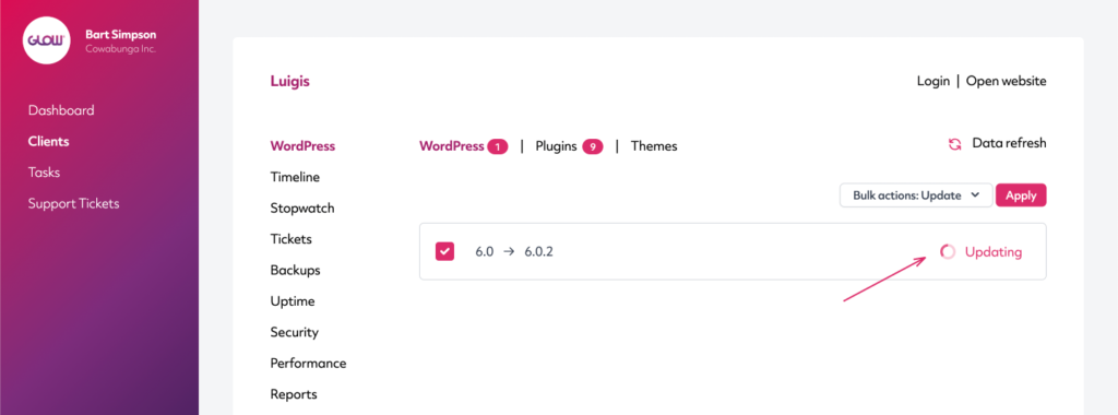manage multiple wordpress sites with glow - updating wordpress in the client area - part 4