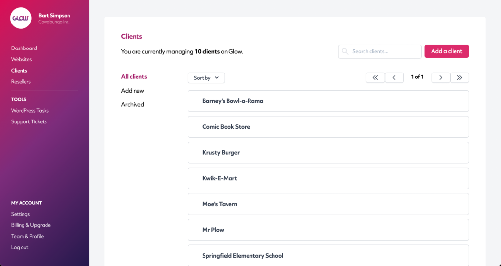 this image displays the clients screen from the glow wordpress management app - to view the sites you manage for a client, first click on the client name