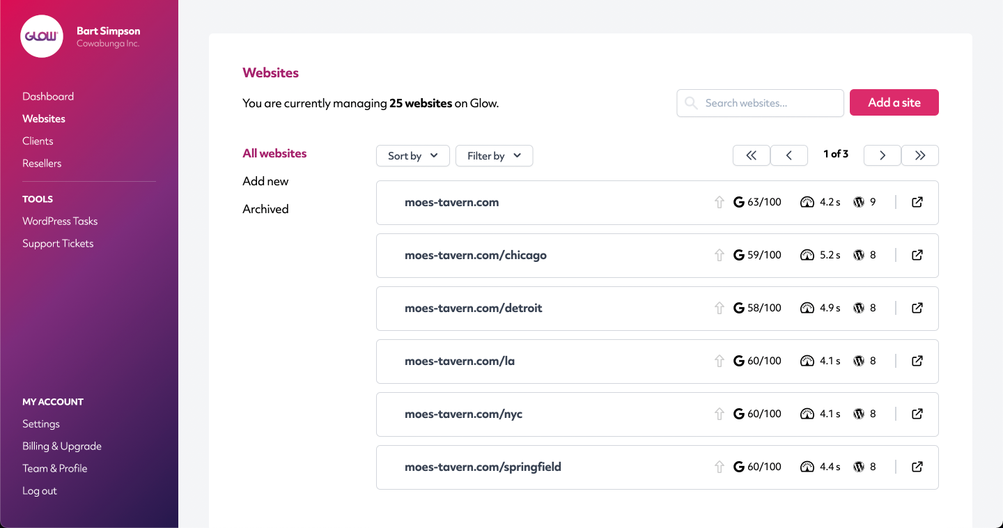 screenshot of glow dashboard where you can manage your clients' wordpress multisites networks