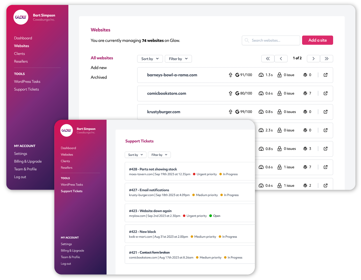 screenshots of the glow wordpress management dashboard where you can manage multiple sites in one place