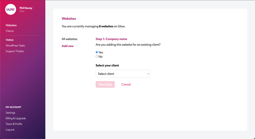 wordpress management software, glow, screenshot displaying how you can select an existing client from a dropdown menu when adding a new website