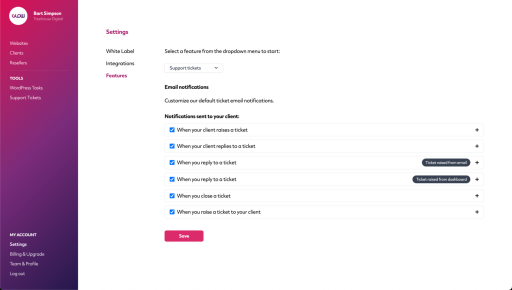 screenshot of glow showing the support ticket email notifications
